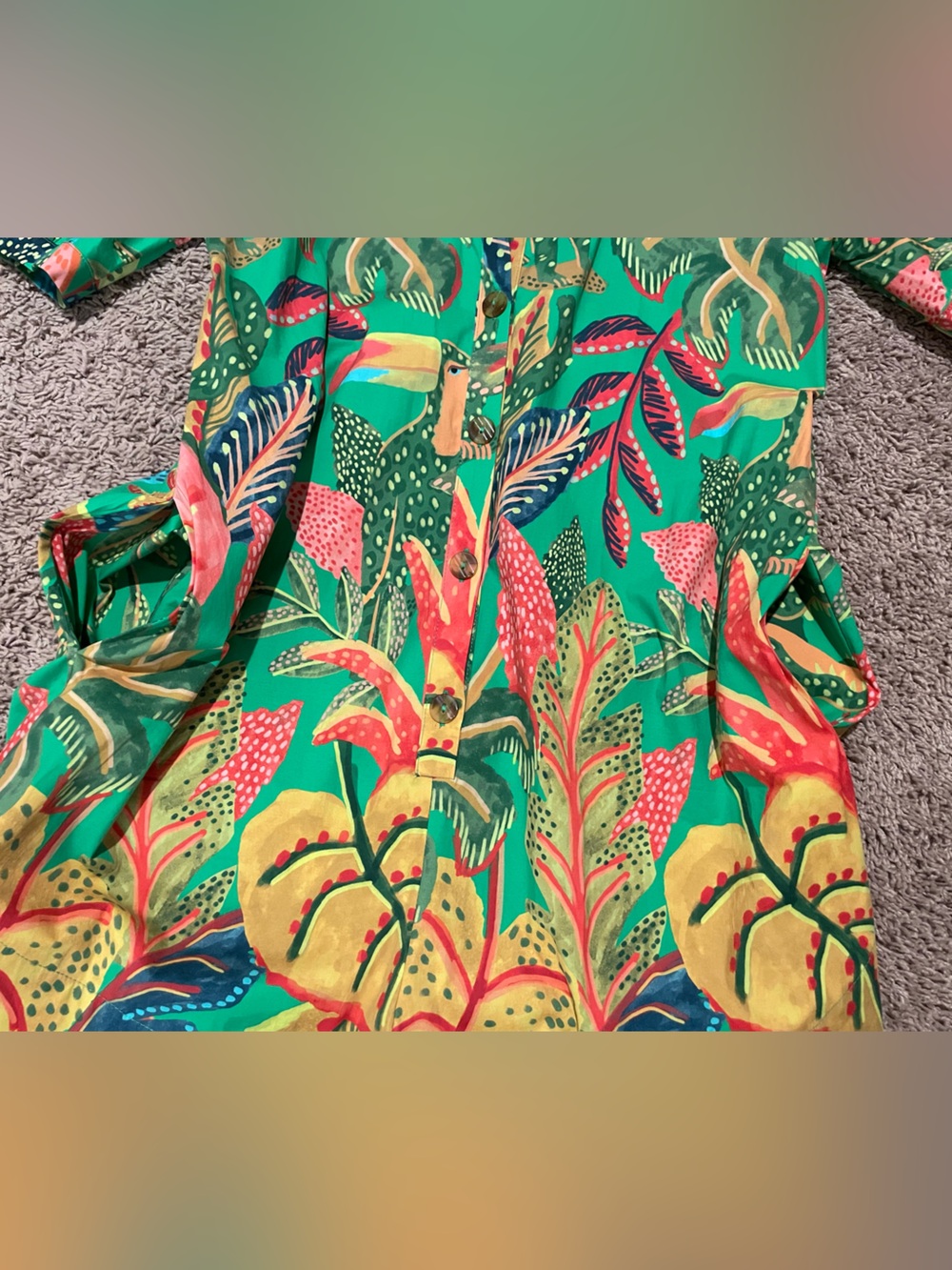 Tropical Print Short Sleeve Button-Up romper- Green - Picture 6 of 6